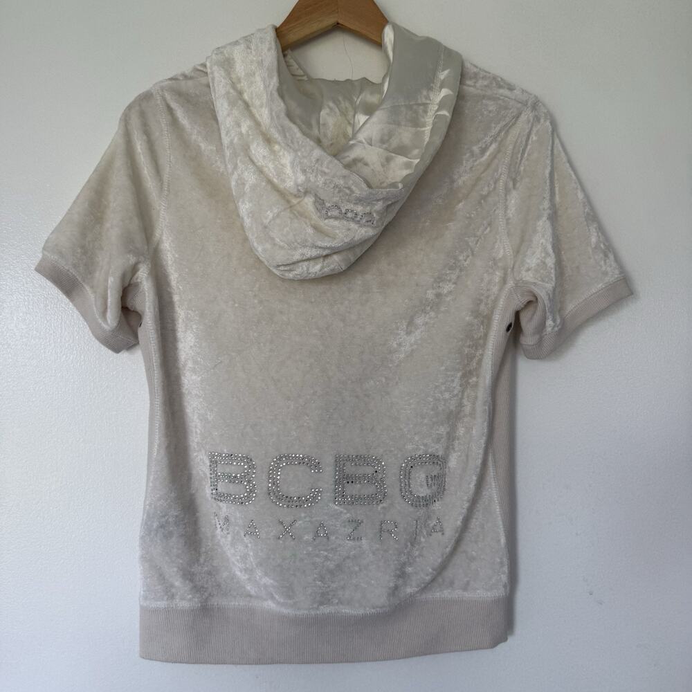 Y2K BCBG Velour Ivory Short Sleeve Rhinestone Bedazzled Hoodie L Trashy Bling - Picture 2 of 12